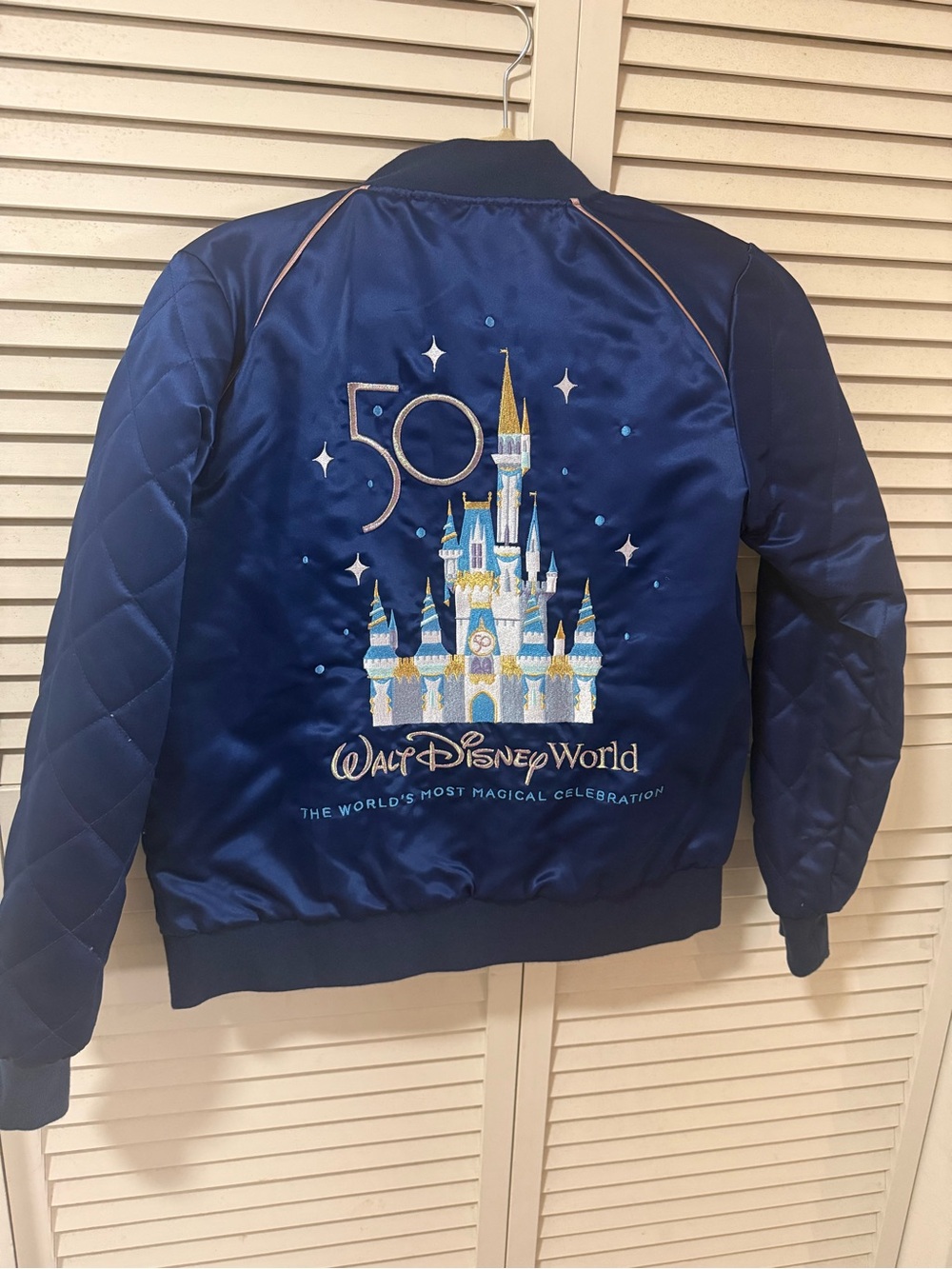 Disney Navy Satin 50th Anniversary Castle Puff Jacket with Gold Accents